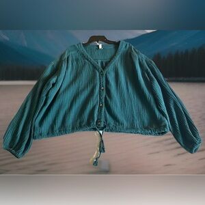 Supplies Teal 100% Cotton Gauze Crop Drawstring Waist Cardigan Jacket Top SZ XL